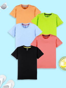 KiddoPanti - Boys Solid Round Neck T-shirt - Neon Green/ Blue (Pack of 5)
