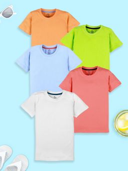 KiddoPanti - Boys Solid Round Neck T-shirt - Neon Green/ Blue/ Orange (Pack of 5)