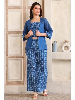 Aurelia - Women Blue Pure Cotton Abstract Top with Palazzo and Jacket