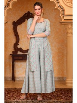 Aurelia - Women Blue Viscose Blend Embellished Crop Top with Palazzo and Jacket