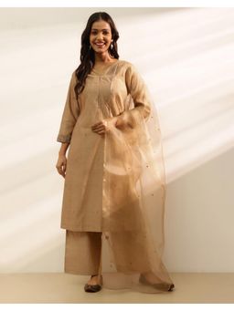Fabindia - Beige Cotton Silk Embroidered Slim Fit Kurta with Dupatta