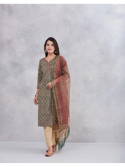 Fabindia - Green Cotton Hand Block Printed Kurta with Dupatta