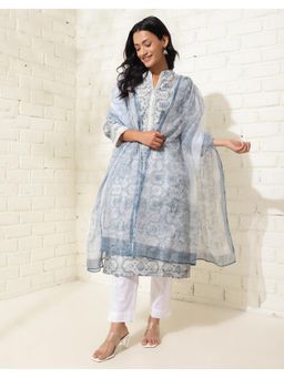 Fabindia - White Cotton Silk Hand Block Printed Kurta with Dupatta