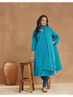 Fabindia - Blue Cotton Printed Kurta with Dupatta