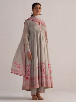 Ganga Fashions - Grey Mul-Mul Anarkali Kurta with Pant and Dupatta