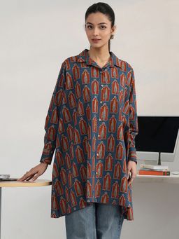 Gerua By Libas - Navy Blue Ethnic Motif Printed Flared Shirt Style Kurti