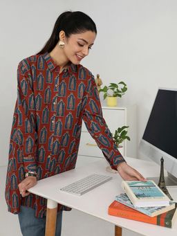 Gerua By Libas - Rust Ethnic Motif Printed Flared Shirt Style Kurti