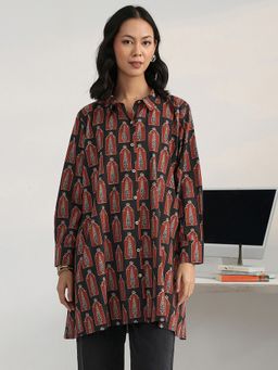 Gerua By Libas - Black Ethnic Motif Printed Flared Shirt Style Kurti