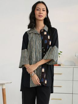Gerua By Libas - Black Striped Printed Shirt Style Kurti