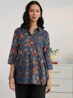 Gerua By Libas - Blue Ethnic Motif Printed Shirt Style Kurti