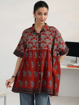 Gerua By Libas - Rust Floral Printed Shirt Style Kurti