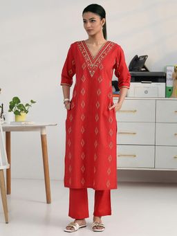 Gerua By Libas - Women Red Cotton Blend Woven Kurta with Trouser