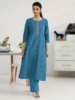Gerua By Libas - Women Blue Cotton Blend Geometric Kurta with Trouser