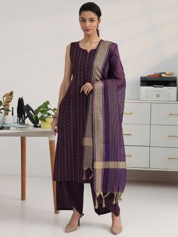 Gerua By Libas - Women Purple Cotton Blend Woven Kurta with Pant and Dupatta