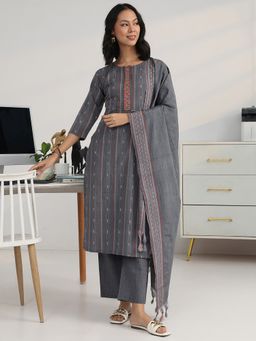Gerua By Libas - Women Grey Cotton Blend Woven Kurta with Pant and Dupatta