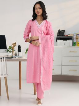 Gerua By Libas - Women Pink Cotton Blend Stripes Kurta with Pant and Dupatta