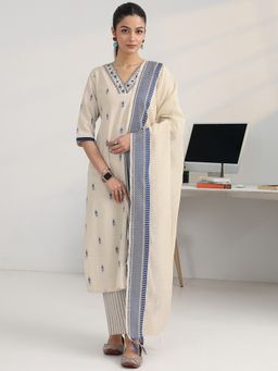 Gerua By Libas - Women Off White Cotton Blend Floral Kurta with Trouser and Dupatta