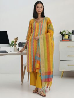 Gerua By Libas - Women Multi-Color Cotton Blend Woven Kurta with Trouser and Dupatta