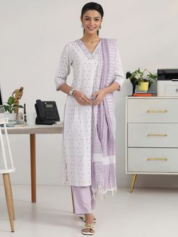 Gerua By Libas - Women Off White Cotton Blend Woven Kurta with Trouser and Dupatta