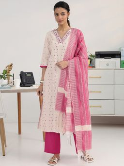 Gerua By Libas - Women Off White Cotton Blend Woven Kurta with Trouser and Dupatta