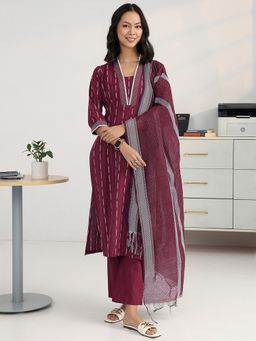 Gerua By Libas - Women Maroon Cotton Blend Geometric Kurta with Trouser and Dupatta