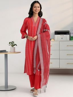 Gerua By Libas - Women Red Cotton Blend Woven Kurta with Trouser and Dupatta