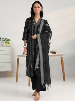 Gerua By Libas - Women Black Cotton Blend Woven Kurta with Trouser and Dupatta