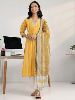 Gerua By Libas - Women Yellow Cotton Blend Stripes Kurta with Trouser and Dupatta