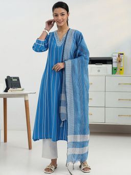 Gerua By Libas - Women Blue Cotton Blend Stripes Kurta with Trouser and Dupatta