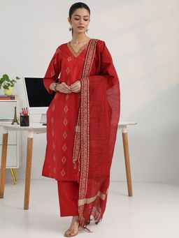 Gerua By Libas - Women Red Cotton Blend Geometric Kurta with Trouser and Dupatta