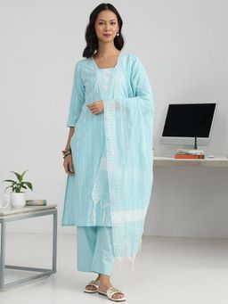 Gerua By Libas - Women Blue Cotton Blend Stripes Kurta with Trouser and Dupatta
