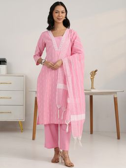 Gerua By Libas - Women Pink Cotton Blend Stripes Kurta with Trouser and Dupatta