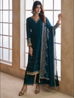 INDDUS - Women Teal Silk Blend Embroidered Kurta with Trouser and Dupatta