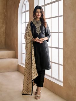INDDUS - Women Black Silk Blend Embroidered Kurta with Trouser and Dupatta