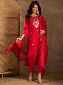 INDDUS - Women Red Silk Blend Floral Kurta with Trouser and Dupatta