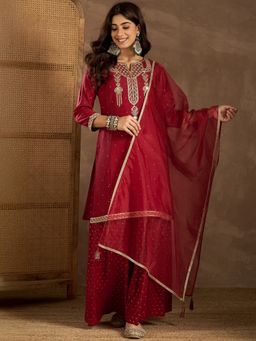 INDDUS - Women Maroon Silk Blend Embroidered Kurta with Palazzo and Dupatta
