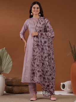 INDDUS - Women Lavender Silk Blend Embroidered Kurta with Trouser and Dupatta