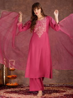 INDDUS - Women Pink Silk Blend Embroidered Kurta with Palazzo and Dupatta