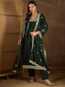 INDDUS - Women Green Silk Blend Embroidered Kurta with Pant and Dupatta