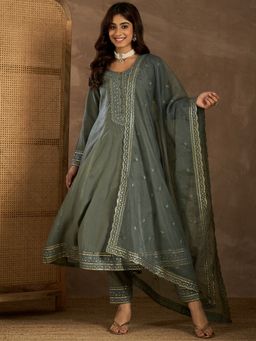 INDDUS - Women Grey Silk Blend Embroidered Kurta with Pant and Dupatta