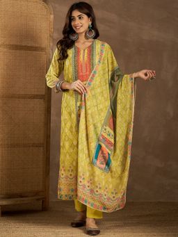 INDDUS - Women Yellow Georgette Floral Kurta with Pant and Dupatta
