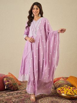 INDDUS - Women Lavender Cotton Embroidered Kurta with Pant and Dupatta