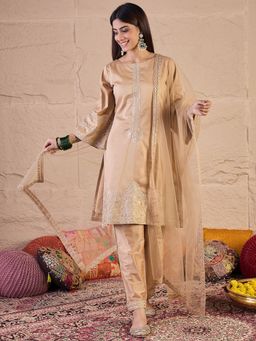 INDDUS - Women Beige Silk Blend Embroidered Kurta with Pant and Dupatta