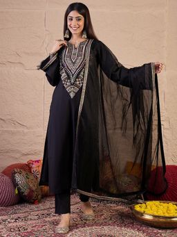 INDDUS - Women Black Silk Blend Embroidered Kurta with Pant and Dupatta