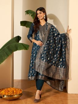 INDDUS - Women Teal Jacquard Woven Kurta with Pant and Dupatta