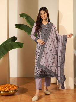INDDUS - Women Lavender Chanderi Embroidered Kurta with Pant and Dupatta