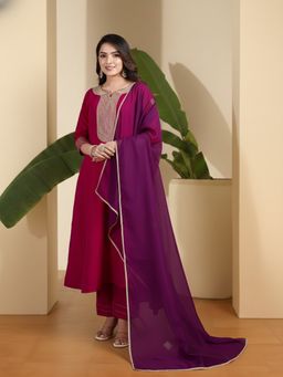 INDDUS - Women Magenta Silk Blend Embroidered Kurta with Trouser and Dupatta