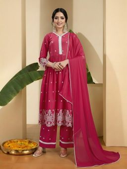 INDDUS - Women Red Chiffon Embroidered Kurta with Palazzo and Dupatta