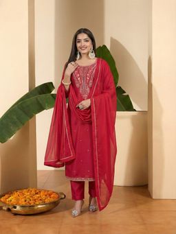 INDDUS - Women Red Silk Blend Embroidered Kurta with Trouser and Dupatta