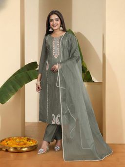 INDDUS - Women Green Silk Blend Embroidered Kurta with Trouser and Dupatta